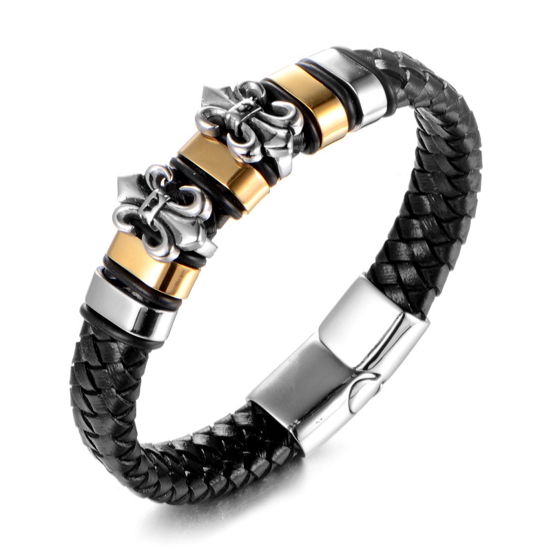 欧美朋克风十字架双层韩版男士皮手链手镯 真皮不锈钢手链 男士手镯