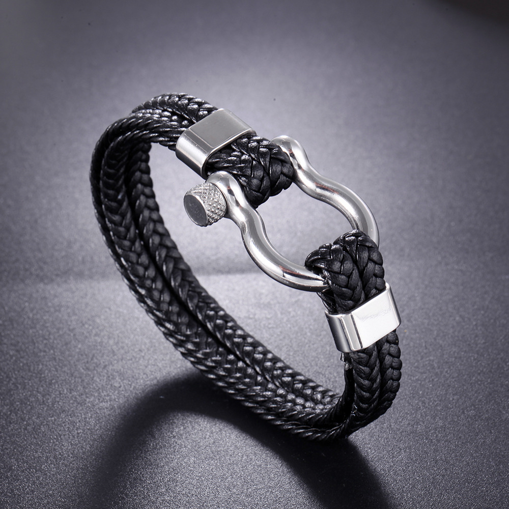 Amazon European and American men's titanium steel bracelet, personalized cowhide woven anchor, stainless steel bracelet, leather rope detail image 4