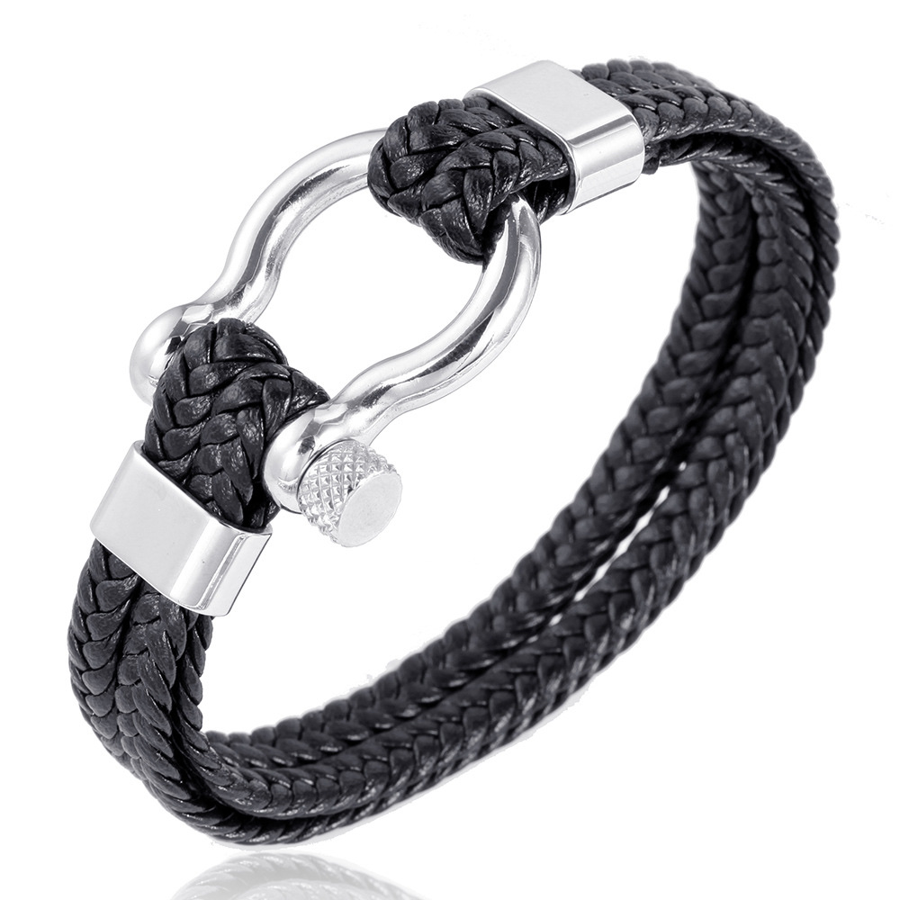 Amazon European and American men's titanium steel bracelet, personalized cowhide woven anchor, stainless steel bracelet, leather rope details Picture
