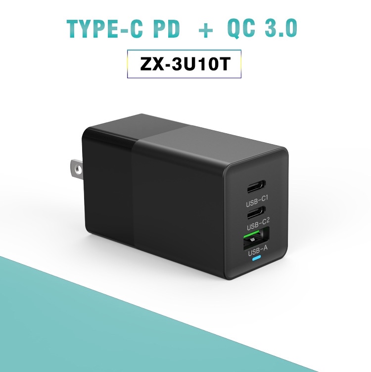 Folding US gauge GAN charger Gallium nitride 3-port PD charger 65W laptop PD charger