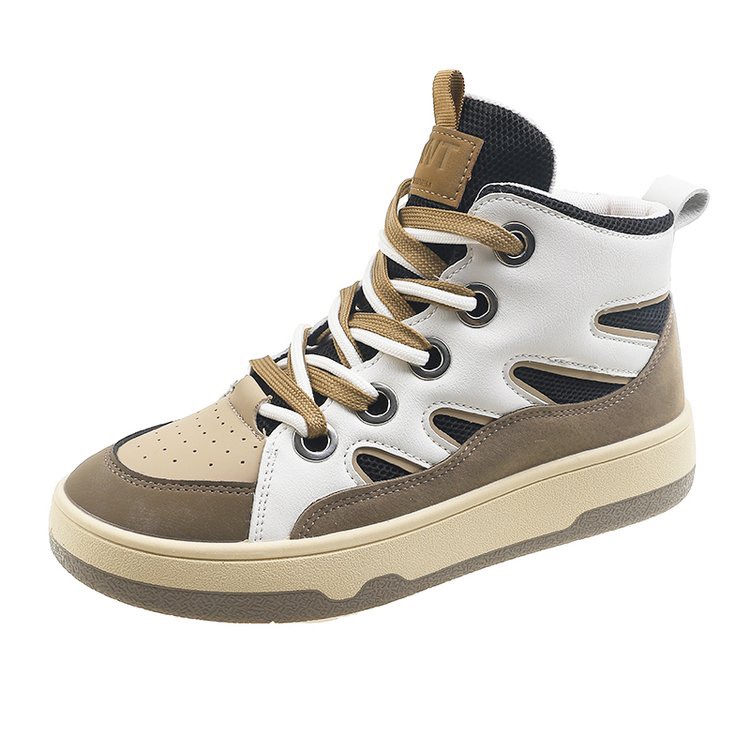 时尚皮高帮鞋女2021年秋季新款韩版百搭厚底圆头系带拼色德训休闲鞋