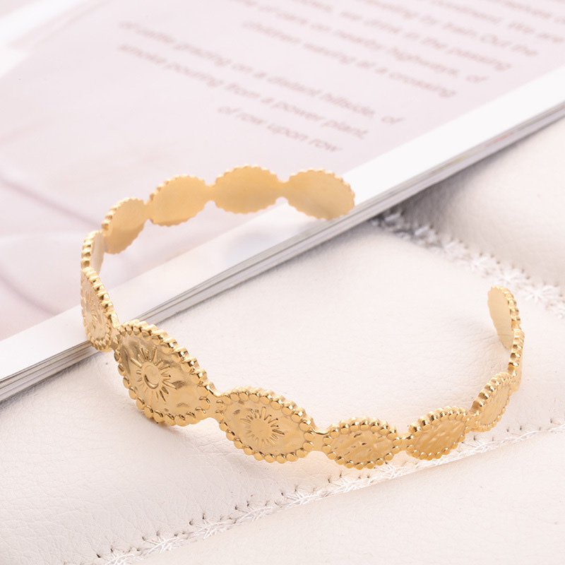 European and American fashionable and individual stainless steel cast C-shaped bracelet, Roman gold coin multi-piece geometric embossed titanium steel open bracelet Item Picture