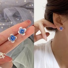 S925银针简约蓝色花朵耳钉女精致超仙气质小巧耳环2021新款潮耳饰