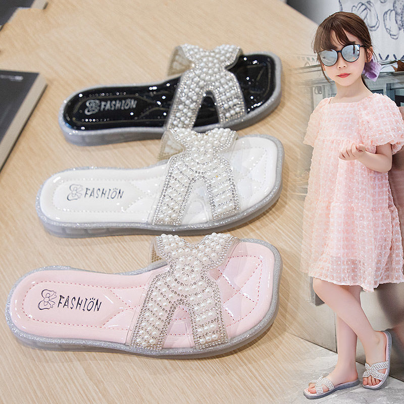 女童拖鞋2021年夏季新款韩版珍珠水钻防滑露趾外穿软底一字凉拖鞋