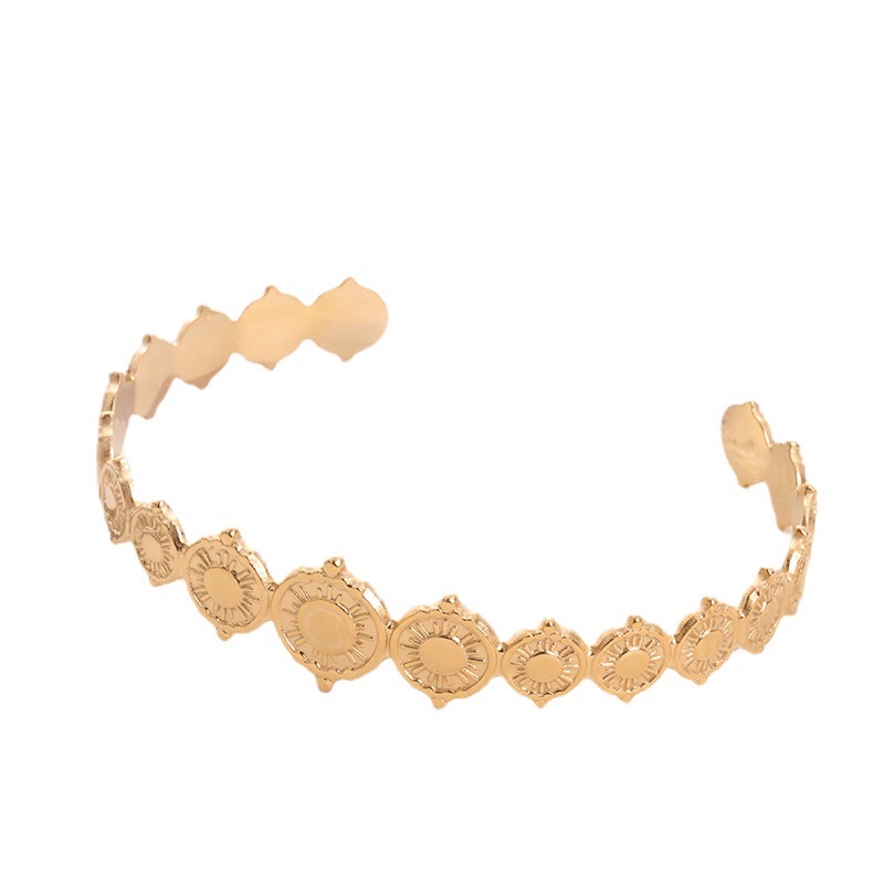 European and American fashionable and individual stainless steel cast C-shaped bracelet, Roman gold coin multi-piece geometric embossed titanium steel open bracelet detail image 3
