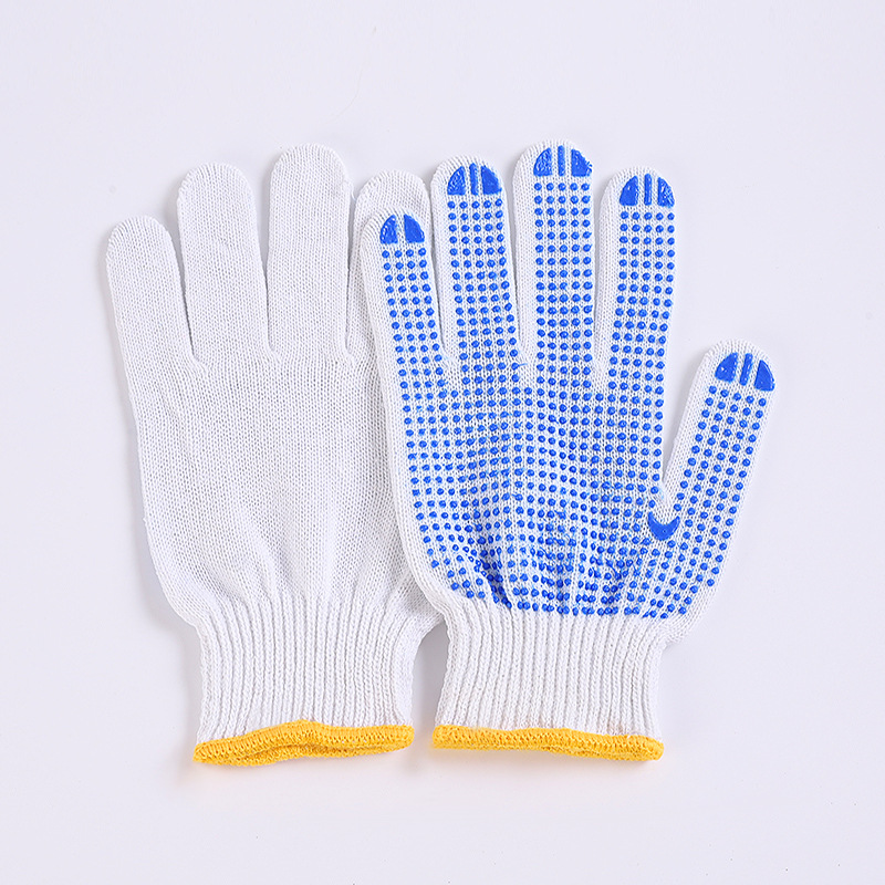 Labor Protection 600G Adhesive Gloves Wholesale Construction Thickened Anti-Slip Wear Repair Car Industrial Thread Gloves Bleached Knit Blue Dot White Background