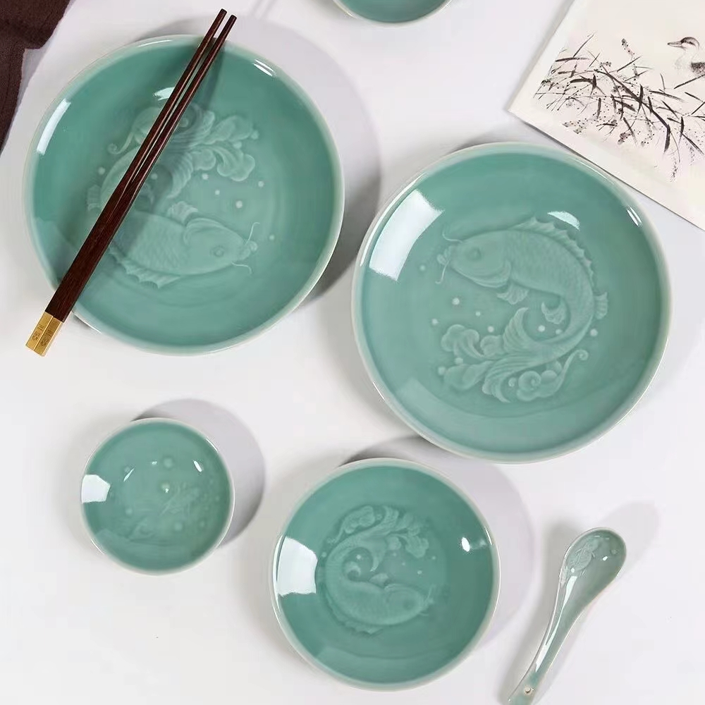 测试产品年年有鱼龙泉青瓷餐具套装含餐盘陶瓷碗陶瓷勺汤盆筷子