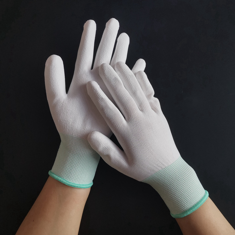 Garden Work Protection Electronics Factory Palm Anti-Static Wear-Resistant Nylon Labor Protection Anti-Slip Dip Pu Coated Palm Gloves White White