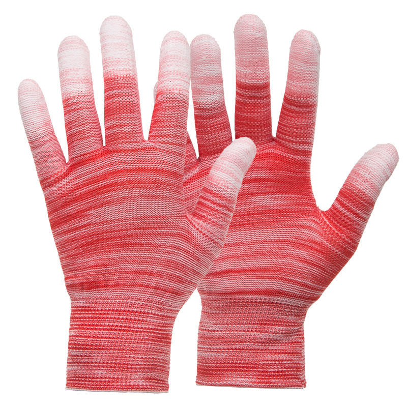 PU striped finger-coated gloves Soft, anti-slip and wear-resistant carbon fiber nylon gloves Labor protection work gloves wholesale red thumbnail