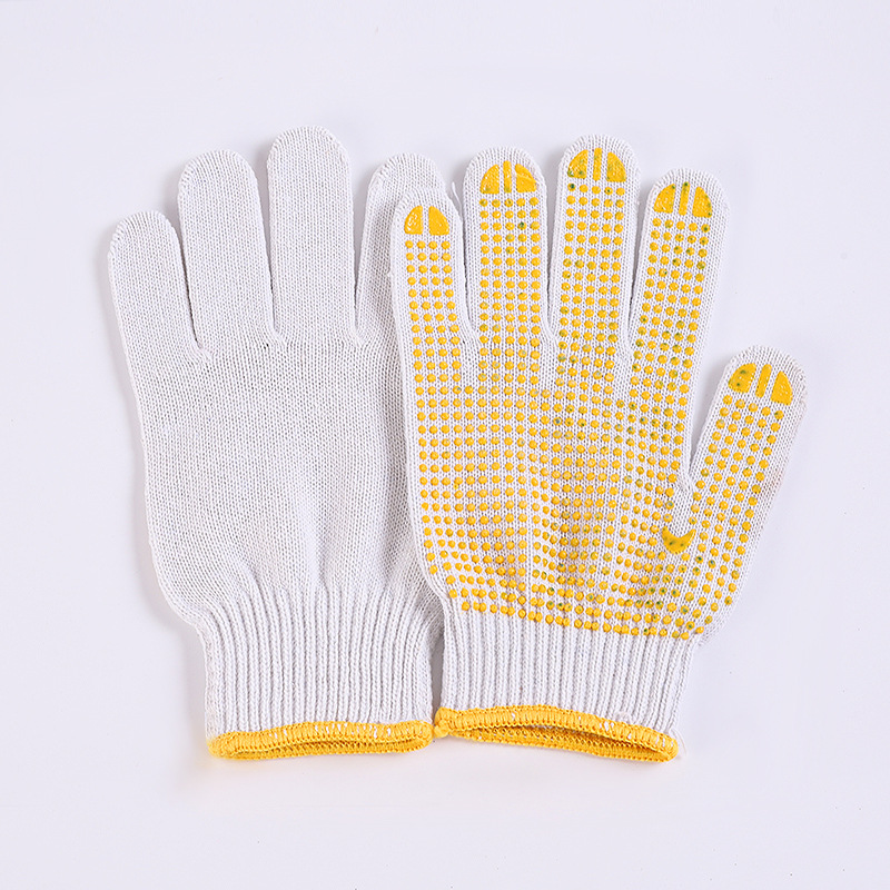 Labor protection 600g adhesive gloves wholesale construction thickened anti-slip wear repair car industrial thread gloves bleached knitted yellow dot thumbnail