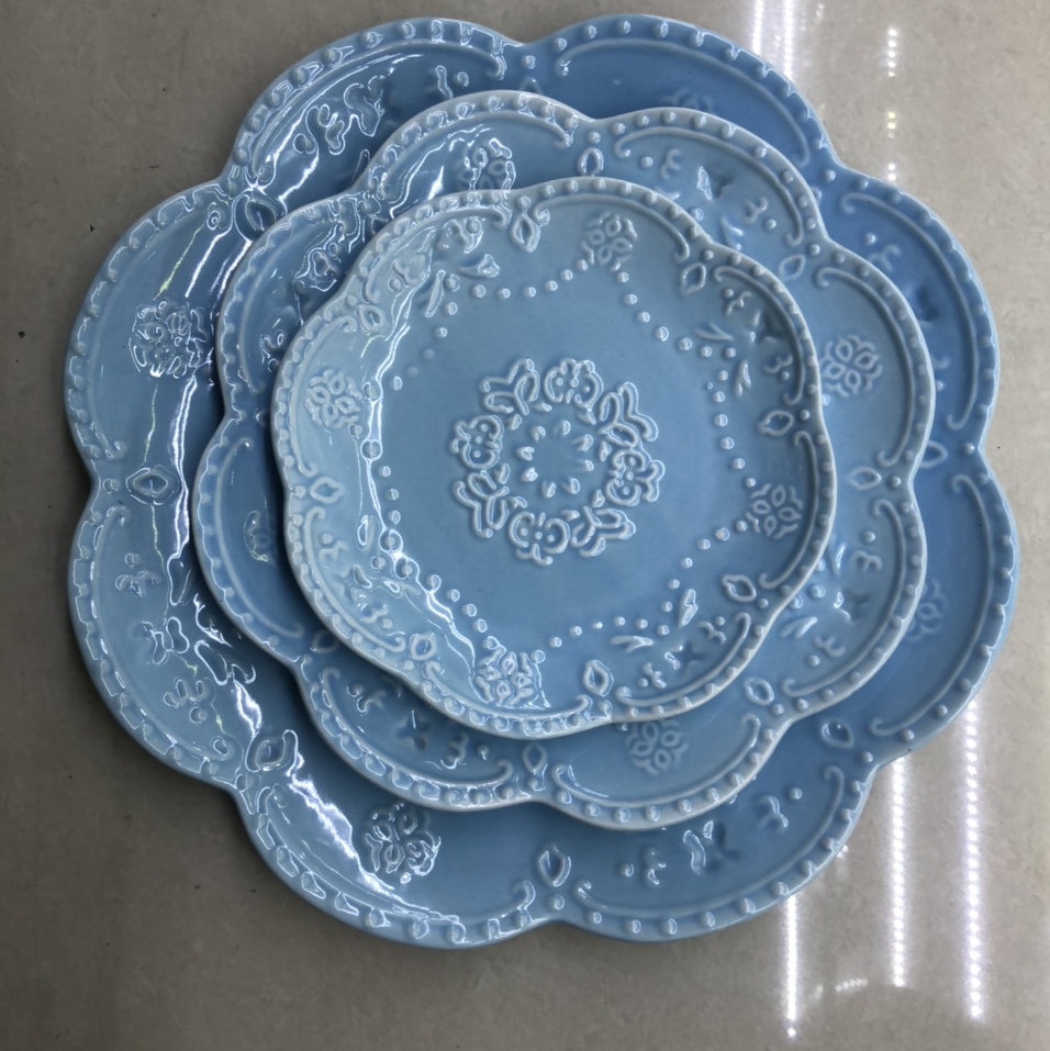 欧式浮雕下午茶蛋糕点心盘子家用菜盘 陶瓷色釉创意小碟小盘平盘图
