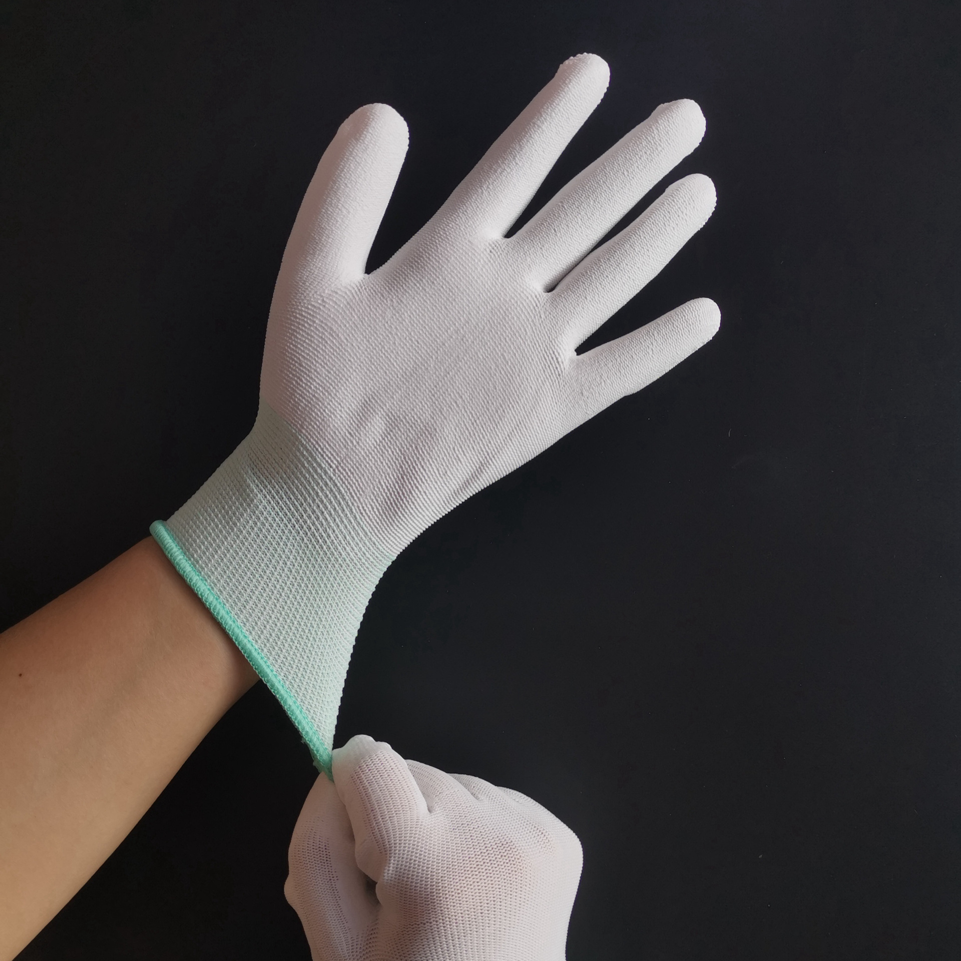 Garden work protection Electronics factory palm anti-static wear-resistant nylon labor protection anti-slip dip pu coated palm gloves white thumbnail