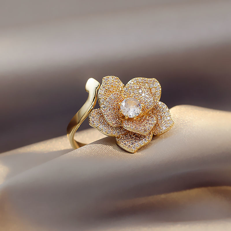 欣艾恋–0006满钻玫瑰花戒指女小众设计日式轻奢时尚个性夸张女士食指指环ins详情图1