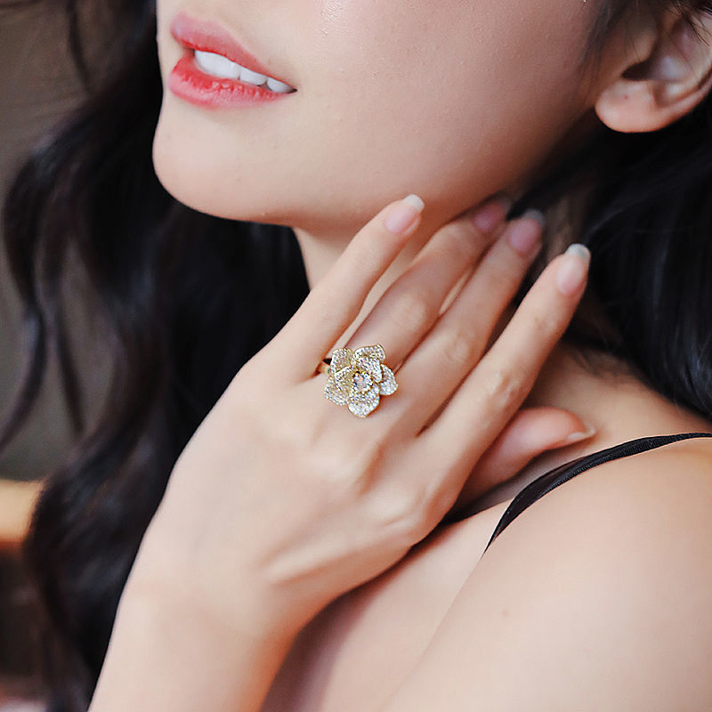 欣艾恋–0006满钻玫瑰花戒指女小众设计日式轻奢时尚个性夸张女士食指指环ins详情图2