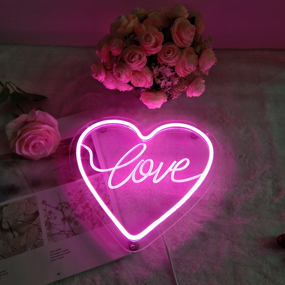 LED Neon bar party Creative decoration Neon backplane Acrylic backplane light led decorative light love Pink 25*24*1USB port