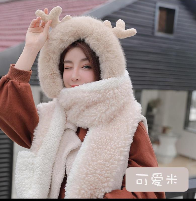 Seven Qiao Beans New Hat Scarf Three-Piece Women's Winter Warm Plush Sweet Cute Little Antler One-Piece Hat