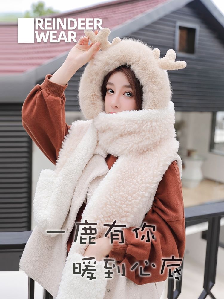 Seven Qiao Beans New Hat Scarf Three-Piece Women's Winter Warm Plush Sweet Cute Little Antler One-Piece Hat Khaki Specification drawing