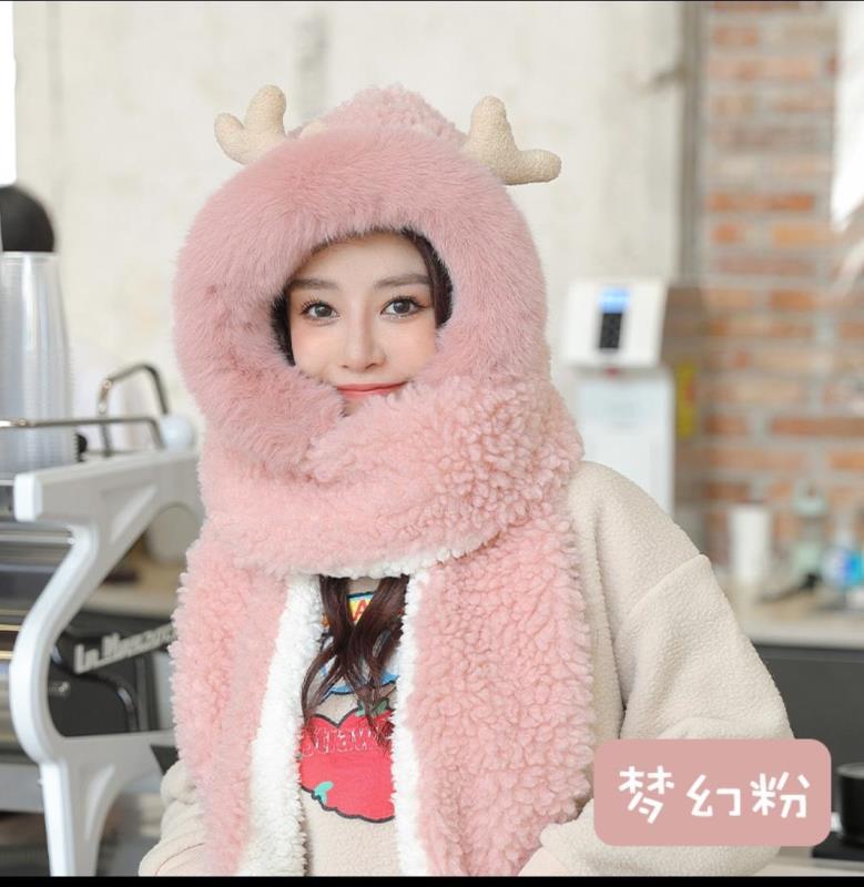 Seven Qiao Beans New Hat Scarf Three-Piece Women's Winter Warm Plush Sweet Cute Little Antler One-Piece Hat Powder