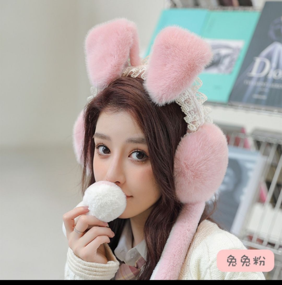 Earmuffs Earmuffs Female Winter Earmuffs Warm Earmuffs Earmuffs Cover Rabbit Ears Will Move Earmuffs Anti-Freezing Winter Cute Net Red Pink details Picture