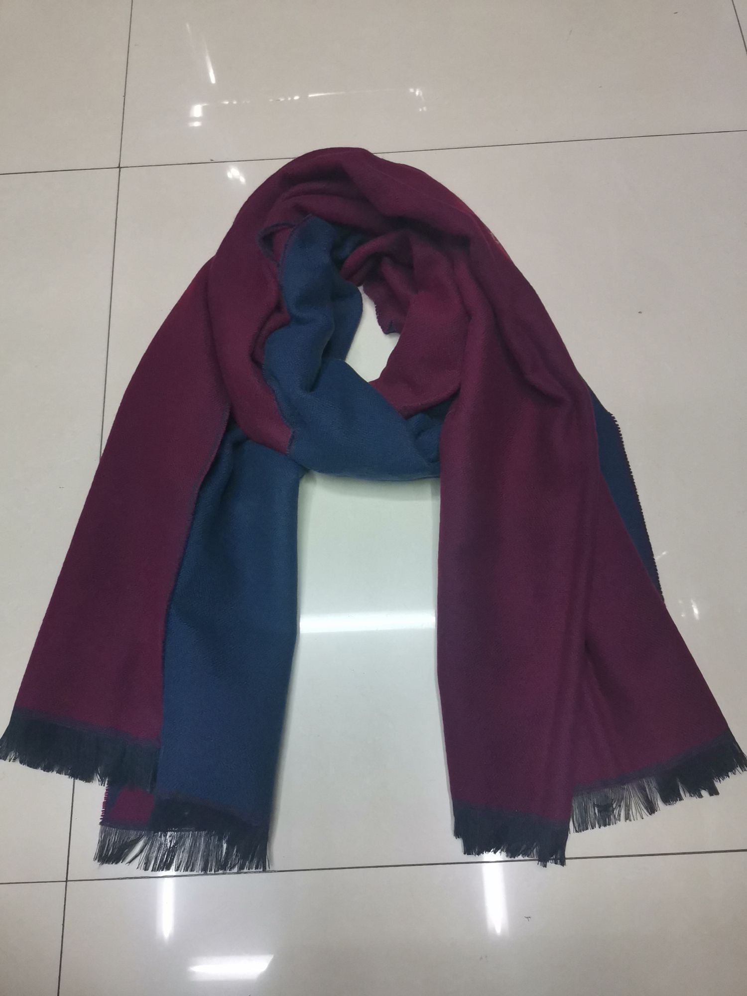 Diagonal Triangular Shawl With Navy And Burgundy Jacquard