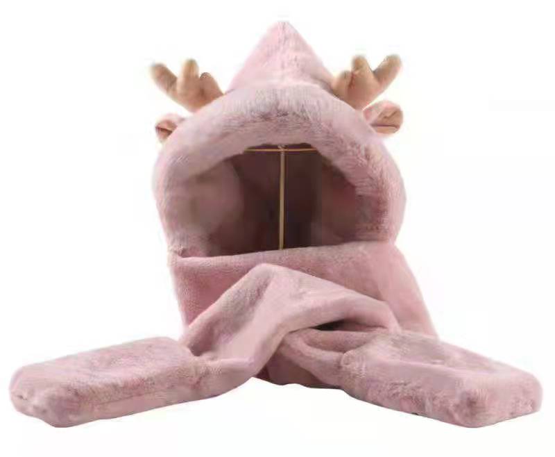 Adult cartoon ear three-piece set, winter warm hat, scarf, glove three-piece set, full velvet hat, antler light pink Specification image