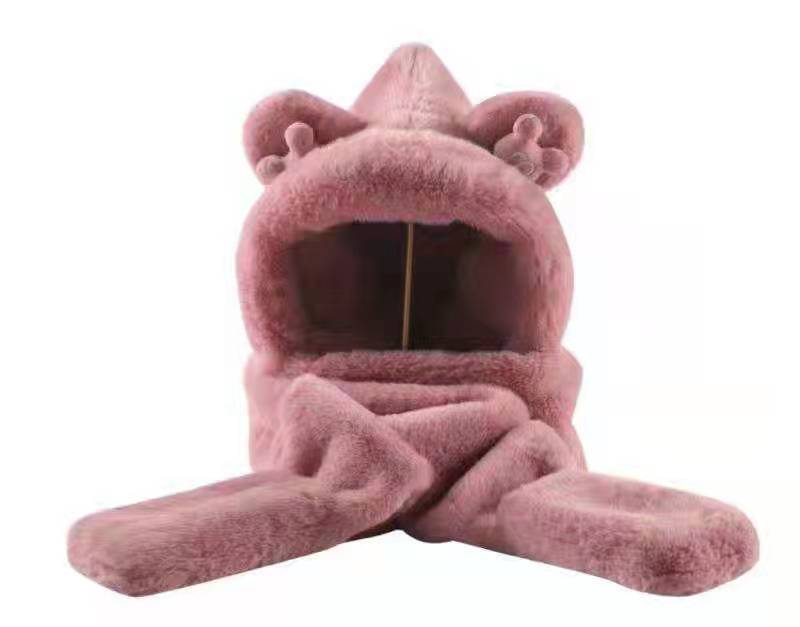 Adult cartoon ear one-piece set, winter warm hat, scarf and gloves three-piece set, full velvet hat in rose red