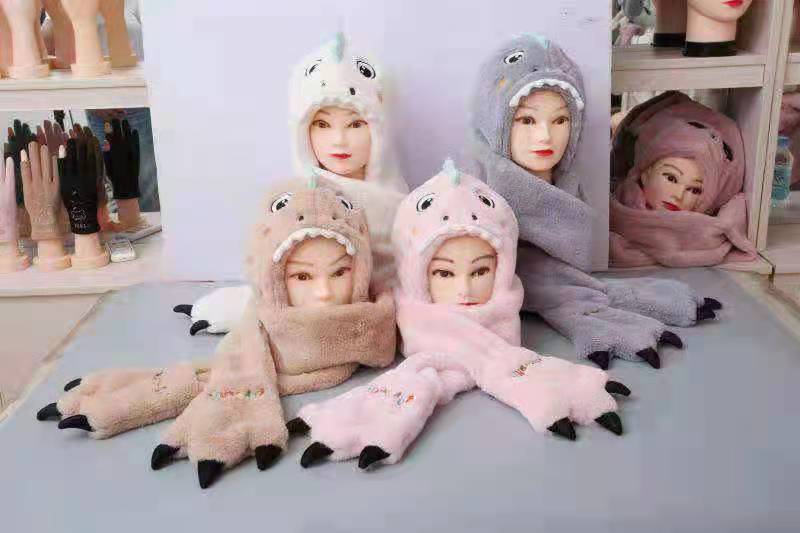 Adult cartoon ear one-piece set, winter warm hat, scarf and glove three-piece set, full fleece hat cartoon Specification image
