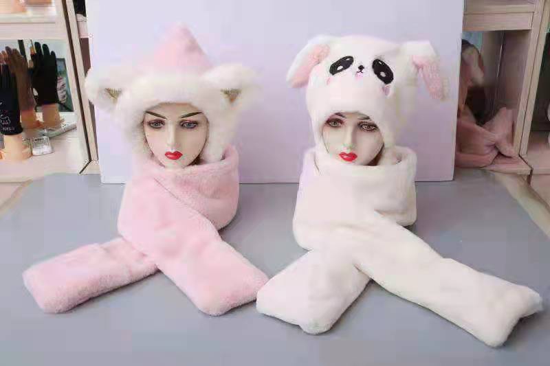 Adult cartoon ear one-piece set, winter warm hat, scarf and glove three-piece set, full fleece hat cartoon