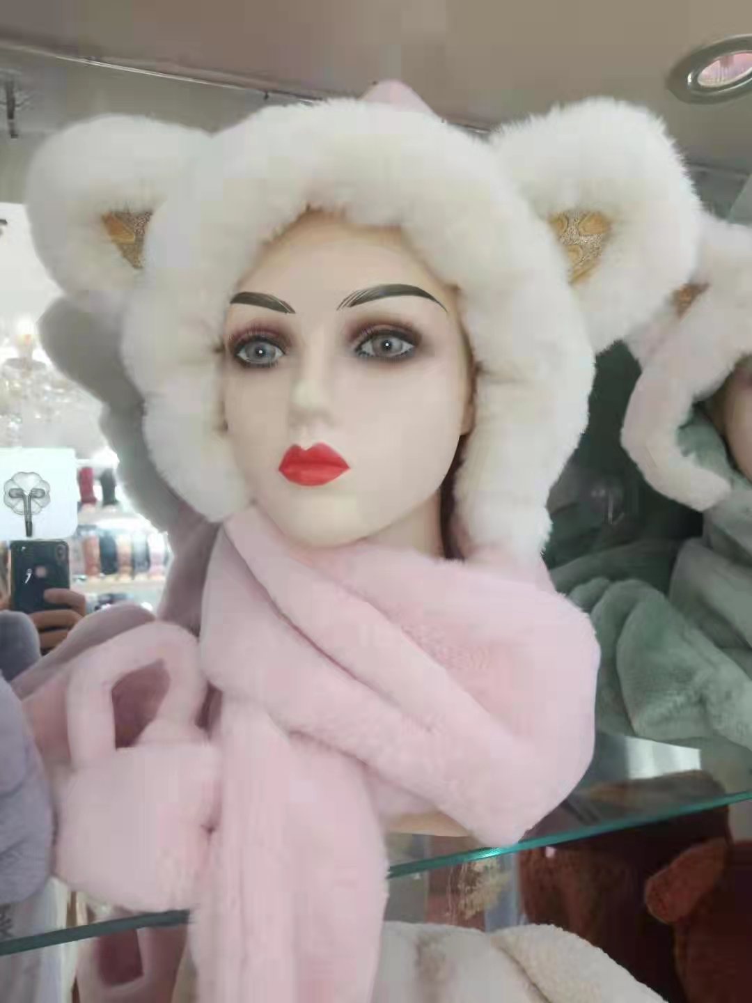 Adult cartoon ear one-piece set, winter warm hat, scarf, glove three-piece set, full fleece cap, big white details Picture