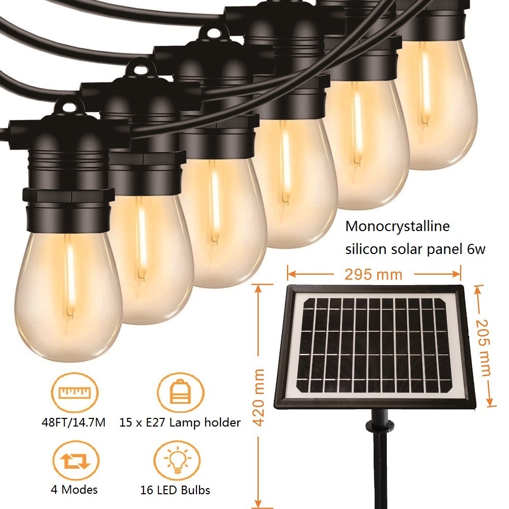 Cross-border new outdoor solar S14 light string rain proof E27 string light Garden Festival G40 Christmas decoration 48FT