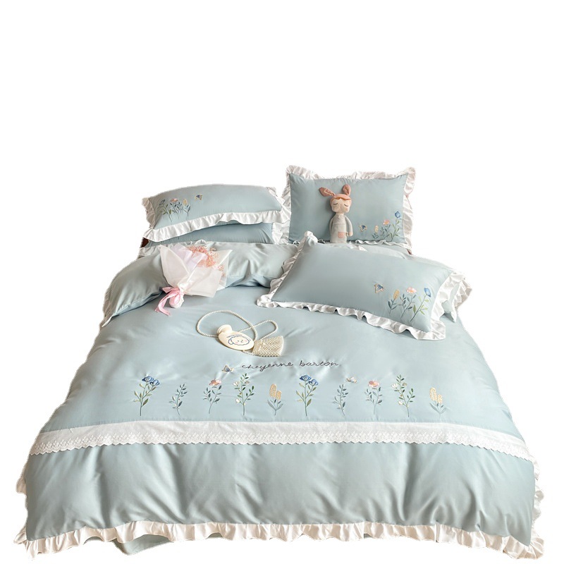 Winter Princess Style Pure Cotton Four-Piece Fashion Embroidery Lace Four-Piece Skin-Friendly Quilt Set Bed Sheet Pillow Case Specification drawing