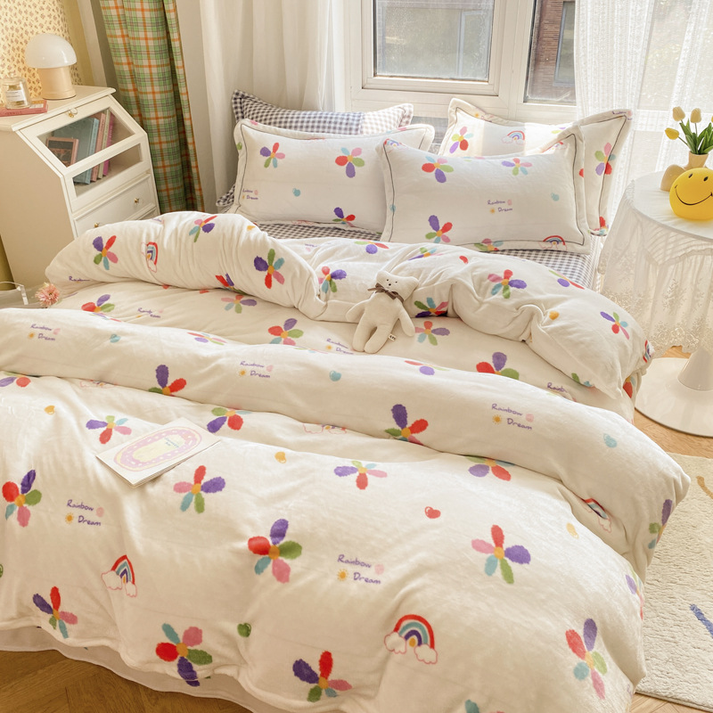 Milk Velvet 4-Piece Set Solid Color Naked Sleeping Thickened Bed Sheet Cover Simple Pillowcase Student Dormitory Bedding Kit