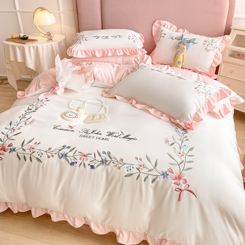 Winter Princess Style Pure Cotton Four-Piece Fashion Embroidery Lace Four-Piece Skin-Friendly Quilt Set Bed Sheet Pillow Case