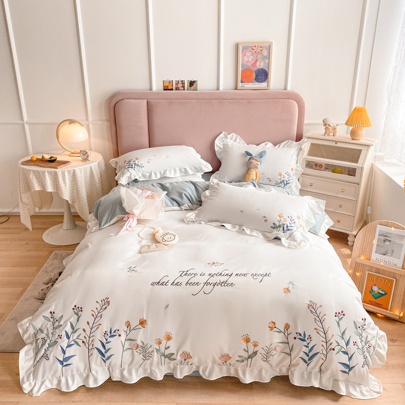 Winter Princess Style Pure Cotton Four-Piece Fashion Embroidery Lace Four-Piece Skin-Friendly Quilt Set Bed Sheet Pillow Case