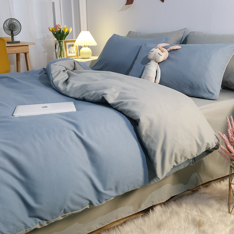 Solid Color 100% Washed Cotton 4-Piece Nude Sleeping Embroidered Bed Sheet Cover Pillowcase Student Dormitory Bedding Kit Specification drawing