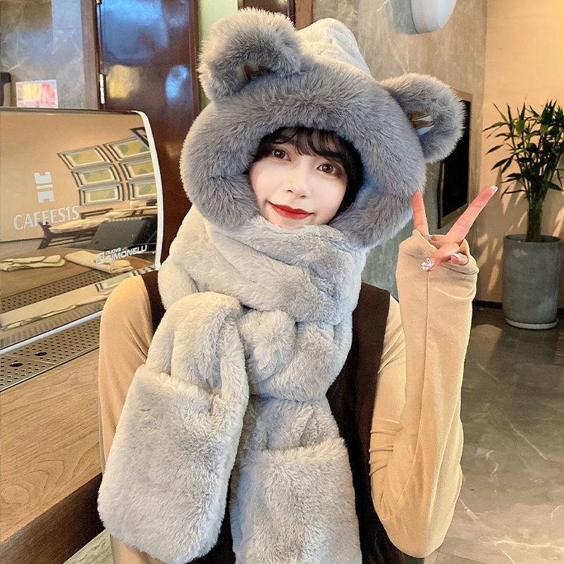 Bear Hat Korean Version Of Cute Female All-In-One Autumn Winter Winter Scarf Warm Gloves Bib Three-Piece Set Tide details Picture