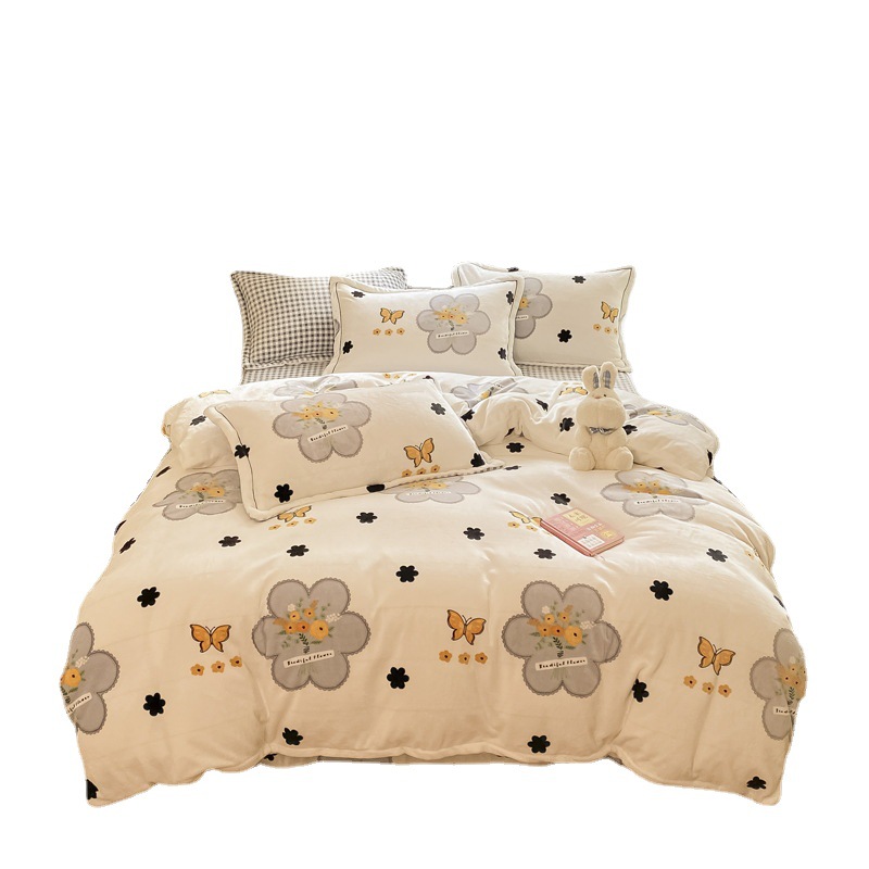 Milk Velvet 4-Piece Set Solid Color Naked Sleeping Thickened Bed Sheet Cover Simple Pillowcase Student Dormitory Bedding Kit