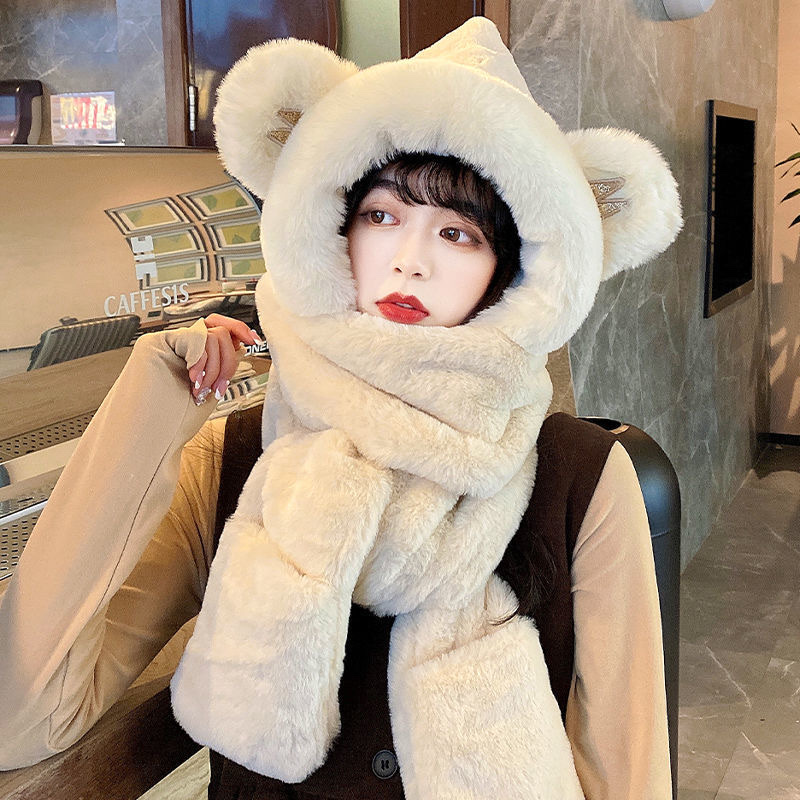 Bear Hat Korean Version Of Cute Female All-In-One Autumn Winter Winter Scarf Warm Gloves Bib Three-Piece Set Tide Item Picture