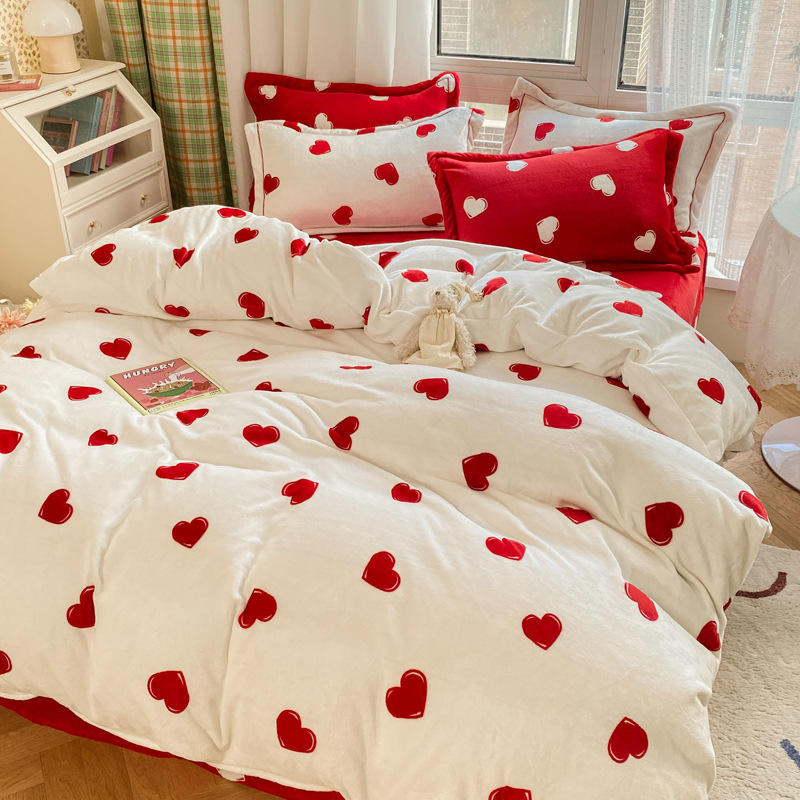 Milk Velvet 4-Piece Set Solid Color Naked Sleeping Thickened Bed Sheet Cover Simple Pillowcase Student Dormitory Bedding Kit