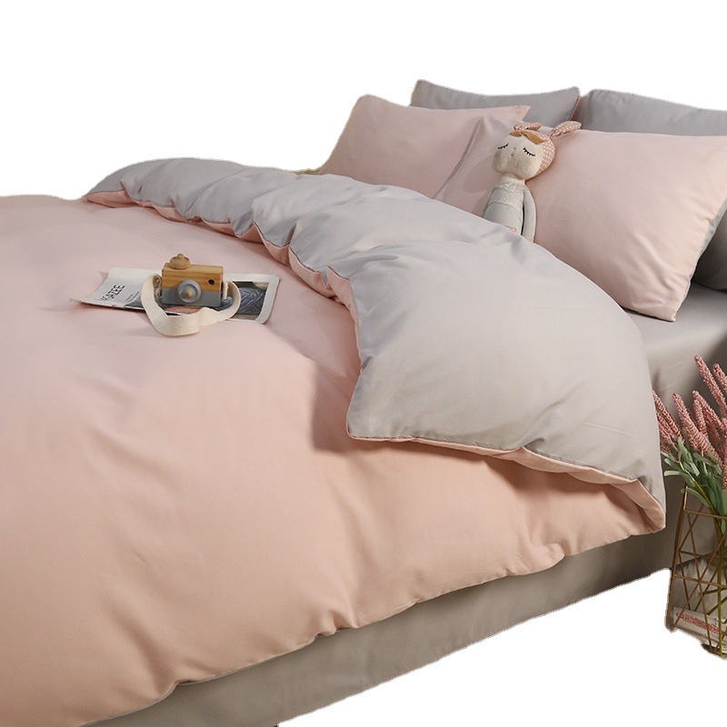 Solid Color 100% Washed Cotton 4-Piece Nude Sleeping Embroidered Bed Sheet Cover Pillowcase Student Dormitory Bedding Kit details Picture