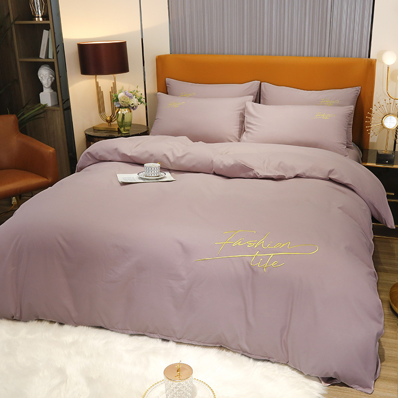 Solid Color 100% Washed Cotton 4-Piece Nude Sleeping Embroidered Bed Sheet Cover Pillowcase Student Dormitory Bedding Kit