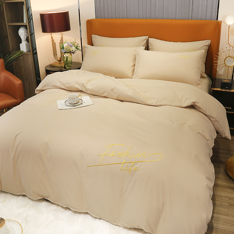 Solid Color 100% Washed Cotton 4-Piece Nude Sleeping Embroidered Bed Sheet Cover Pillowcase Student Dormitory Bedding Kit Specification drawing