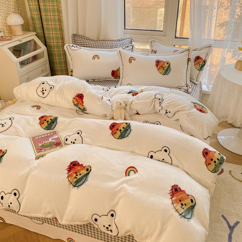 Milk Velvet 4-Piece Set Solid Color Naked Sleeping Thickened Bed Sheet Cover Simple Pillowcase Student Dormitory Bedding Kit