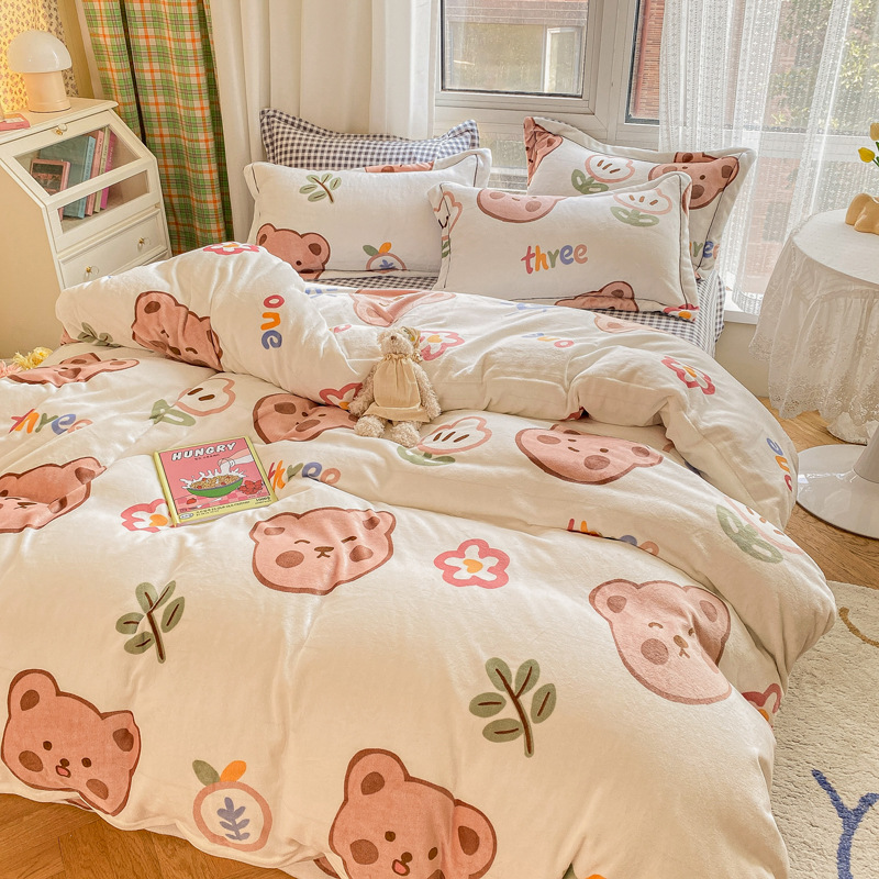 Milk Velvet 4-Piece Set Solid Color Naked Sleeping Thickened Bed Sheet Cover Simple Pillowcase Student Dormitory Bedding Kit Specification drawing