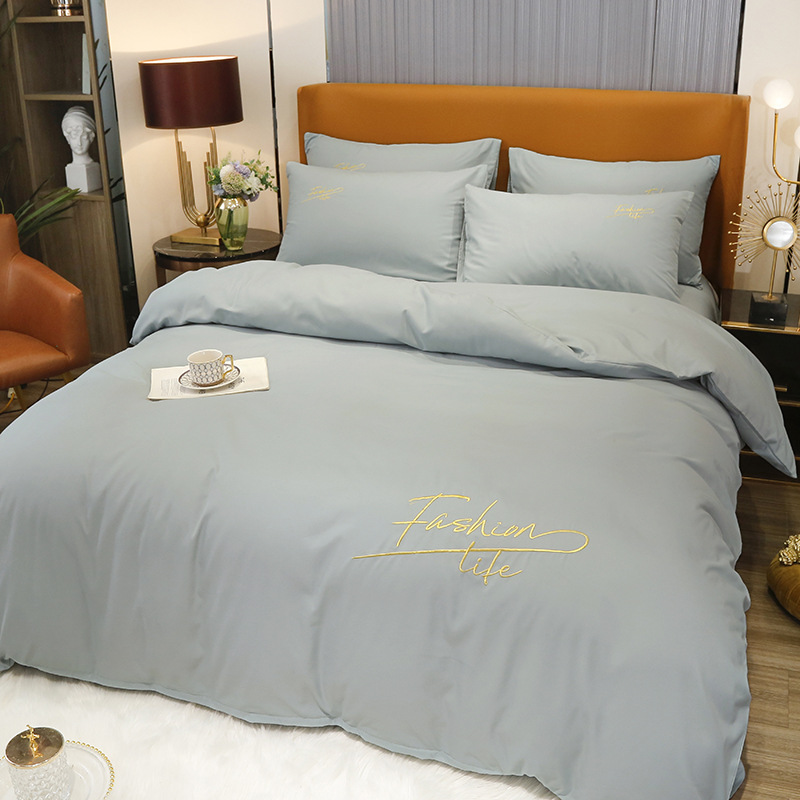 Solid Color 100% Washed Cotton 4-Piece Nude Sleeping Embroidered Bed Sheet Cover Pillowcase Student Dormitory Bedding Kit details Picture
