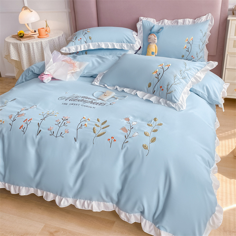 Winter Princess Style Pure Cotton Four-Piece Fashion Embroidery Lace Four-Piece Skin-Friendly Quilt Set Bed Sheet Pillow Case Specification drawing