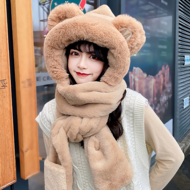 Bear Hat Korean Version Of Cute Female All-In-One Autumn Winter Winter Scarf Warm Gloves Bib Three-Piece Set Tide Application Scenario
