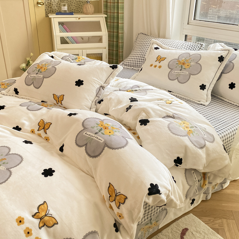 Milk Velvet 4-Piece Set Solid Color Naked Sleeping Thickened Bed Sheet Cover Simple Pillowcase Student Dormitory Bedding Kit Specification drawing