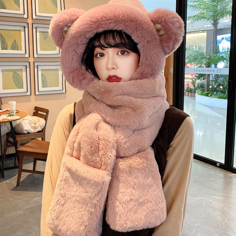 Bear Hat Korean Version Of Cute Female All-In-One Autumn Winter Winter Scarf Warm Gloves Bib Three-Piece Set Tide Specification drawing