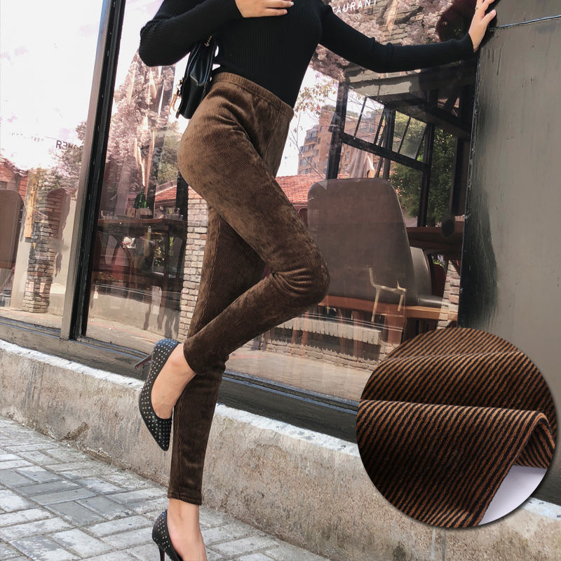 Extra fleece thick leggings Women's outerwear Autumn Winter Thread vertical strip High waist Slim Elastic small feet warm cotton pants (in-store pick up only) thumbnail